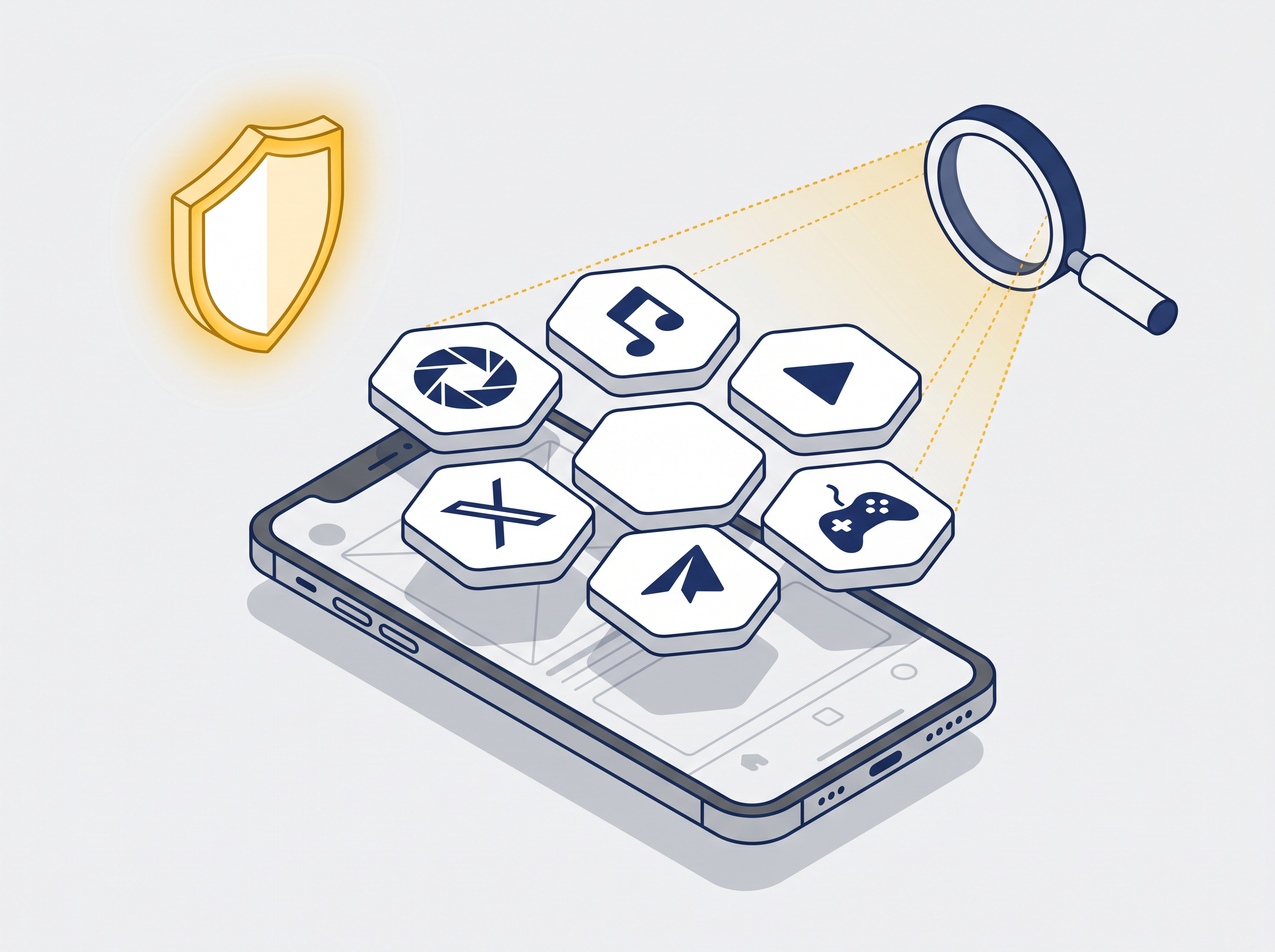 Illustration: six social platform icons on a phone being scanned for compliance
