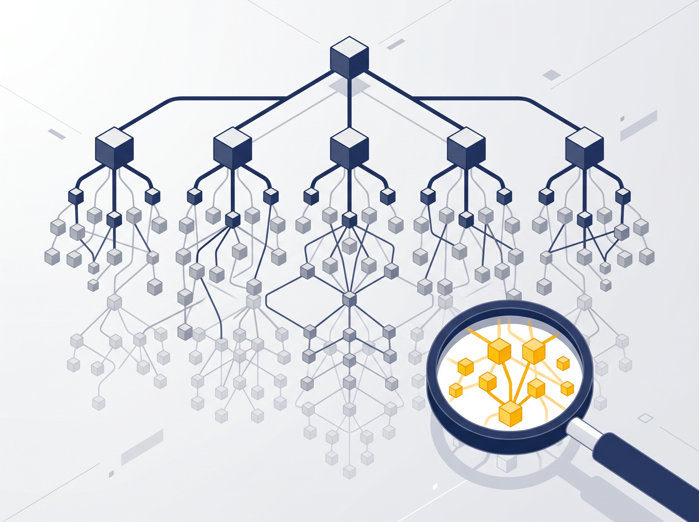 Illustration: branching sub-affiliate network revealed by a magnifying glass